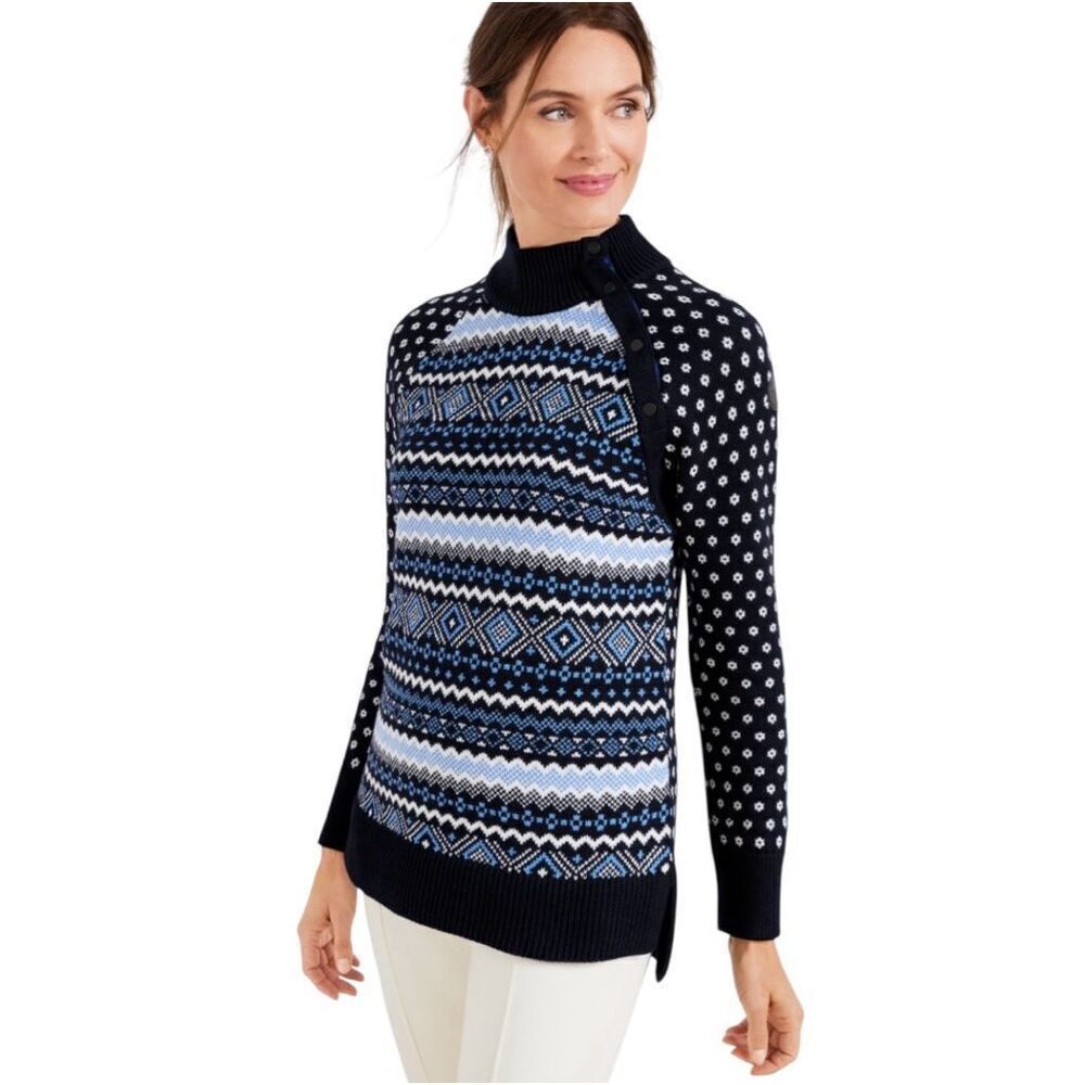 T Talbots Fair Isle Sweater Women’s Size XL Thermolite Navy Blue Mock Neck Snap